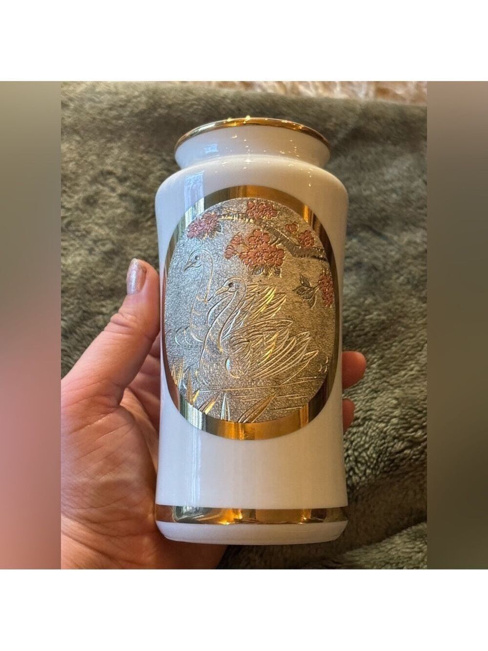 VINTAGE Japanese Chokin Art Vase • 24K Gold Swan Relief • Porcelain • EUC - Picture 11 of 15